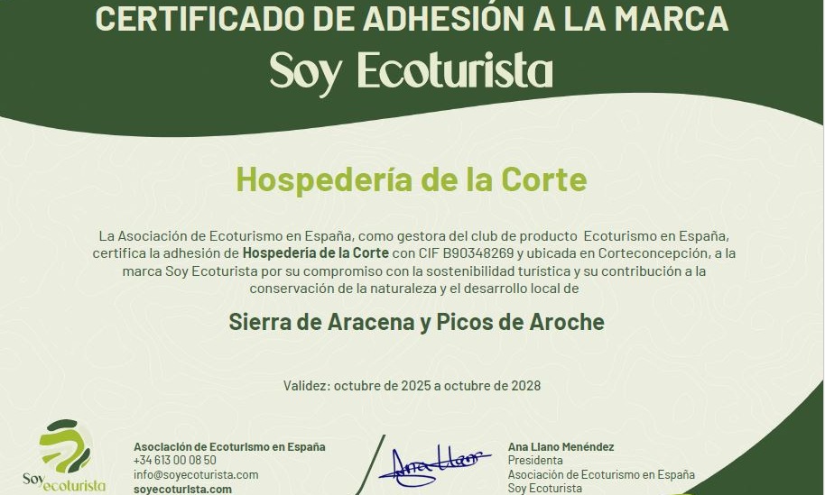 Certificado de adhesión a Soy Ecoturista de la Hospedería de la Corte, turismo sostenible en la Sierra de Aracena