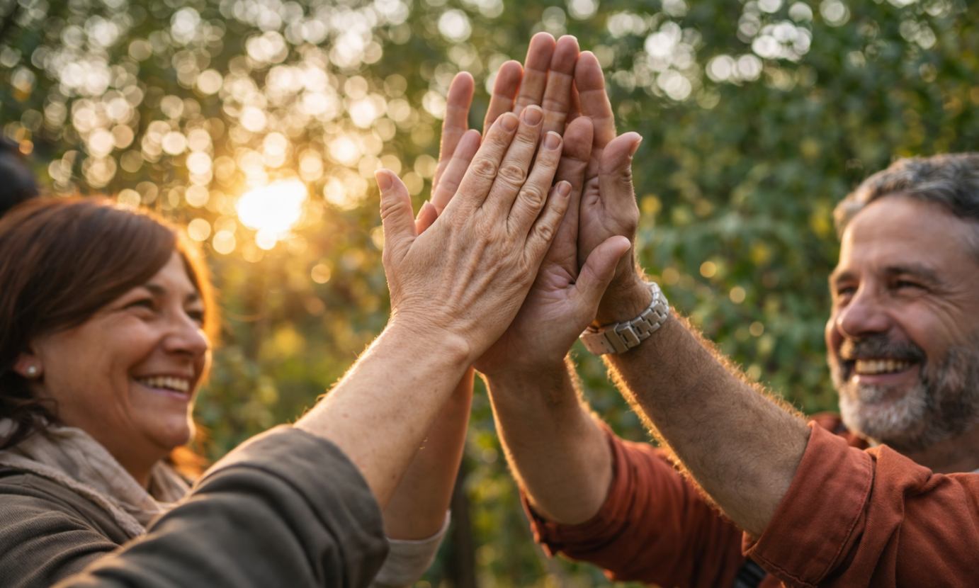 Team Building y cohesión de equipos en la naturaleza | EVOLUCIÓN.CENTER Personas de un equipo de empresa celebrando un logro con un gesto de cohesión durante una experiencia de team building en la naturaleza en España