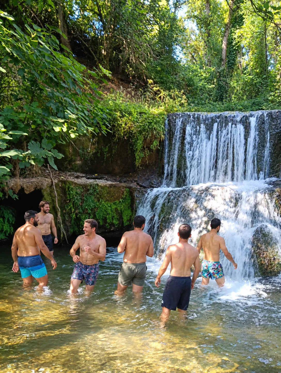Grupo compartiendo una experiencia de naturaleza junto a una cascada en la Sierra de Aracena