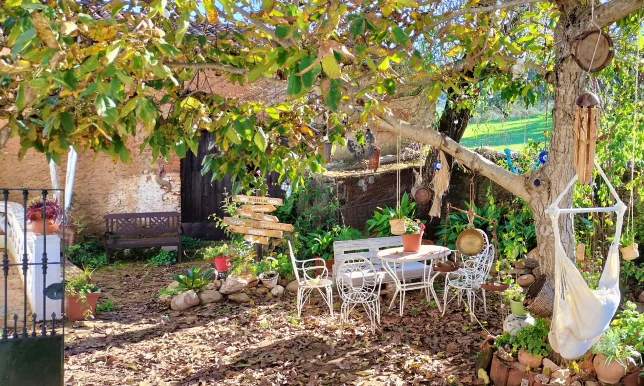Jardín de la Hospedería de la Corte en otoño, con hojas de nogal sobre el suelo.