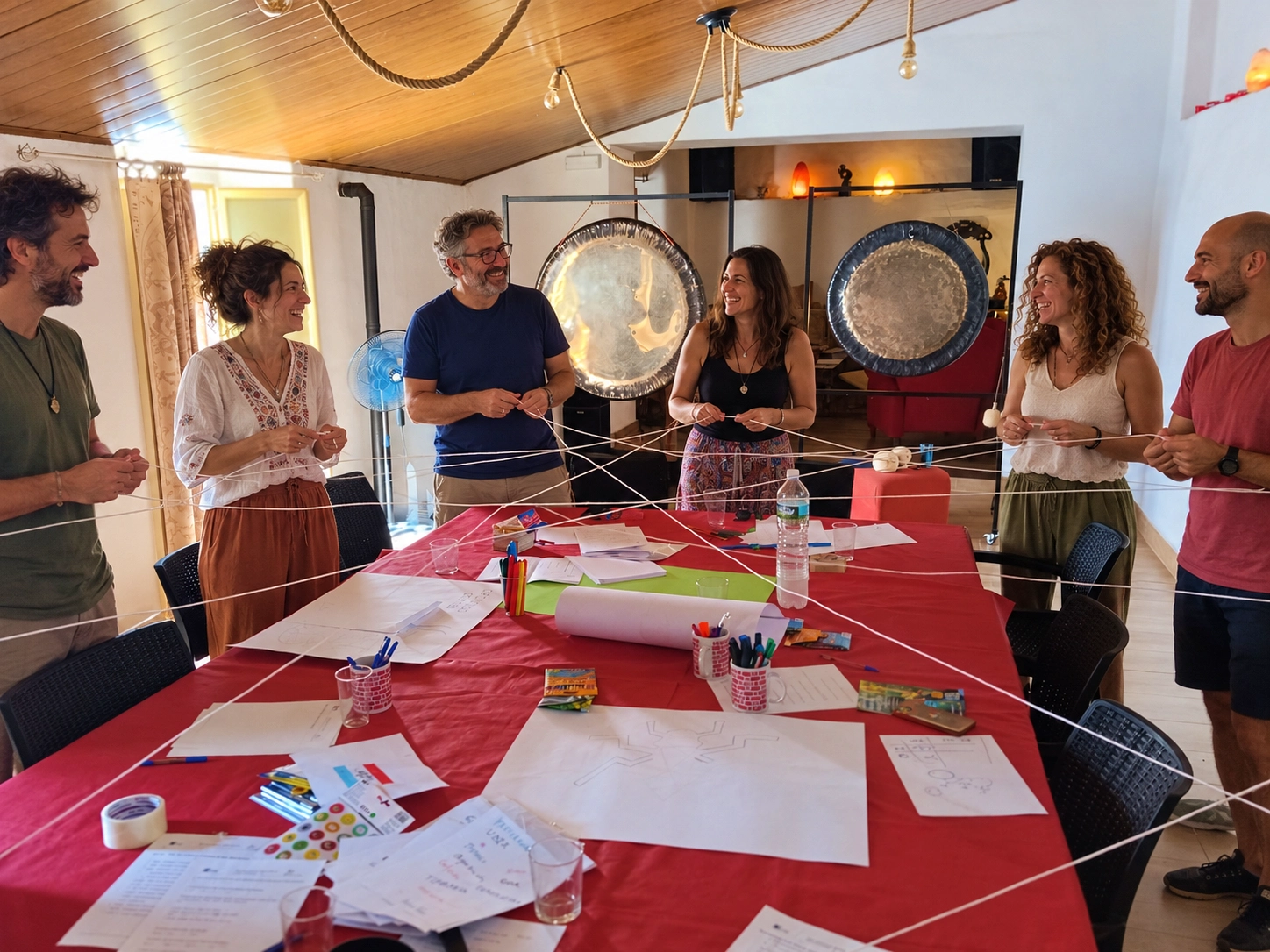 Participantes colaborando en una dinámica de team building con cuerdas